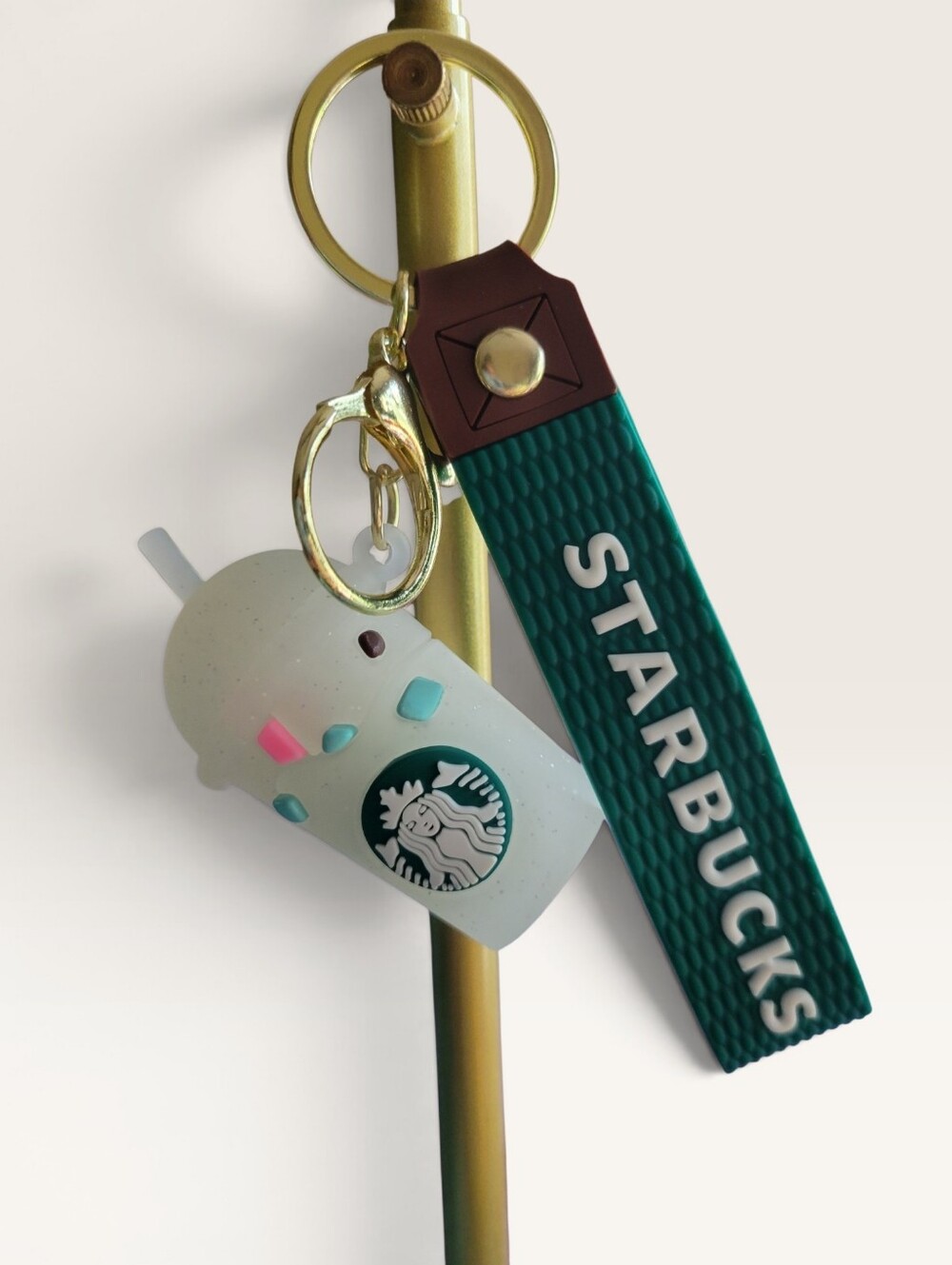 Starbucks Teal Strap Keychain with White Silicone Cup Charm